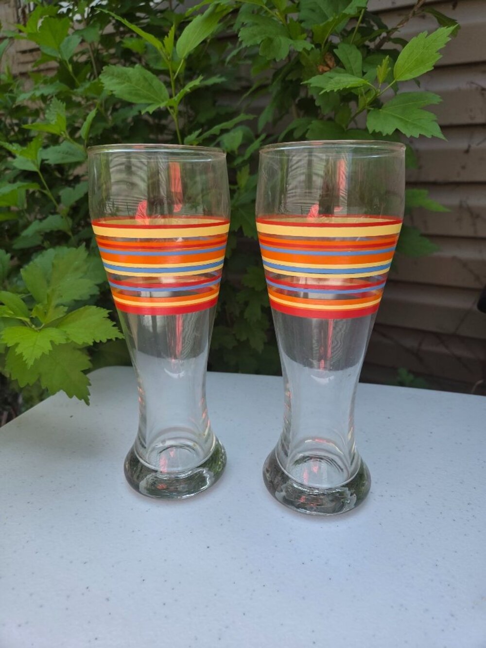 Set Of 2 Fiesta Striped Beer Pilsner Glasses With Vibrant Orange Yellow And Blue